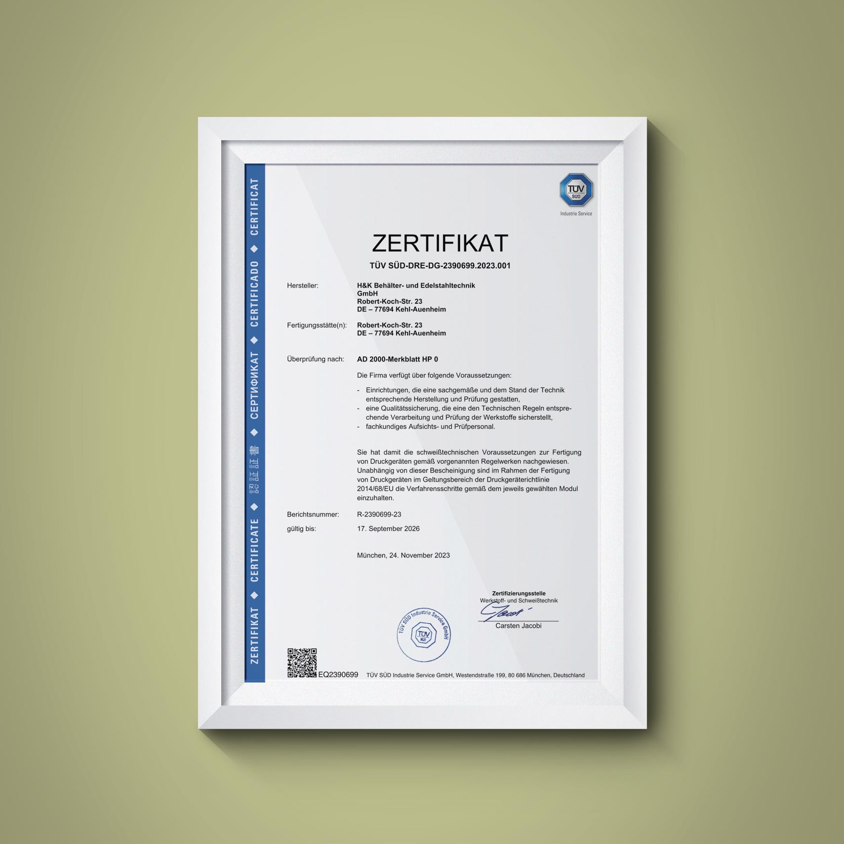 Zertifikat HP 0 Zulassung